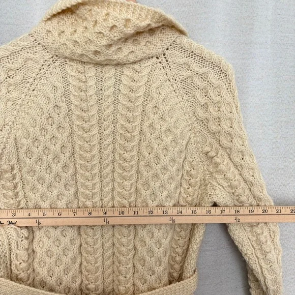 VTG Cream Cable Knit Acrylic Handmade Belted‎ Cardigan Collar Western Revival